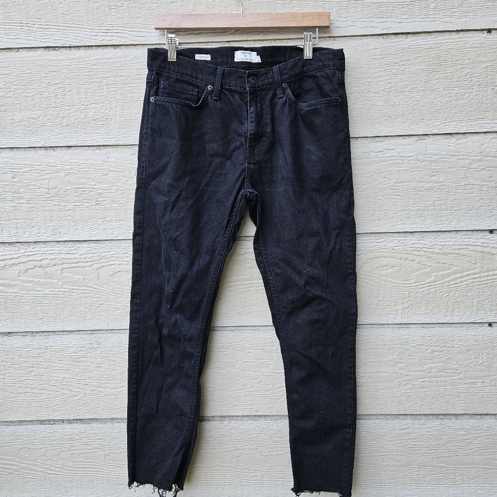 Topman Stretch Skinny black raw hem jeans size 32S 27 inch inseam